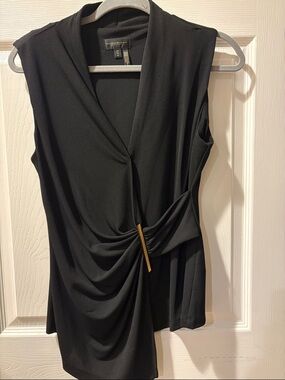 Donna Karan Black Sleeveless Draped Top with Gold Bar